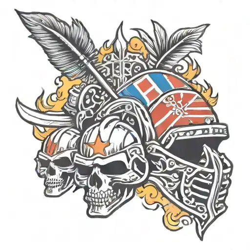 Hawaiian Flag And Hawaiian Warriors Helmet Engulfed In Flames