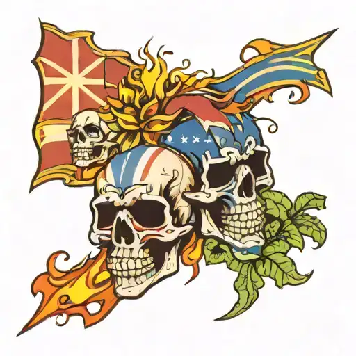 Hawaiian Flag And Skull On Fire