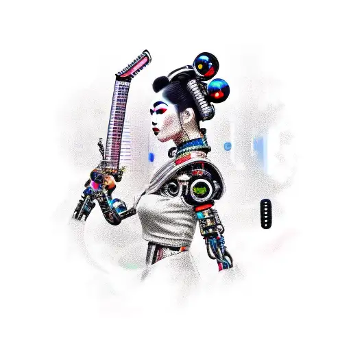 Futuristic Cyborg Geisha With A Guitar