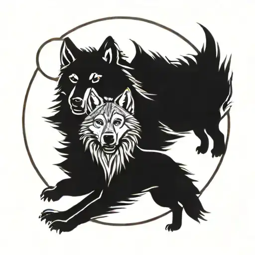 A New-school Tattoo Of A Wolf Pack Running Through A Mountain Range Under A Full Moon