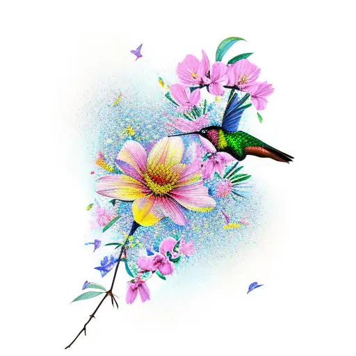 A Vibrant Bouquet Of Sakura Flowers With A Hidden Hummingbird Nestled Within
