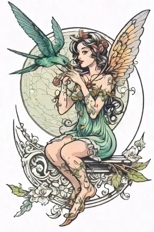 Fairy Sitting On Moon With Hummingbird Hovering
