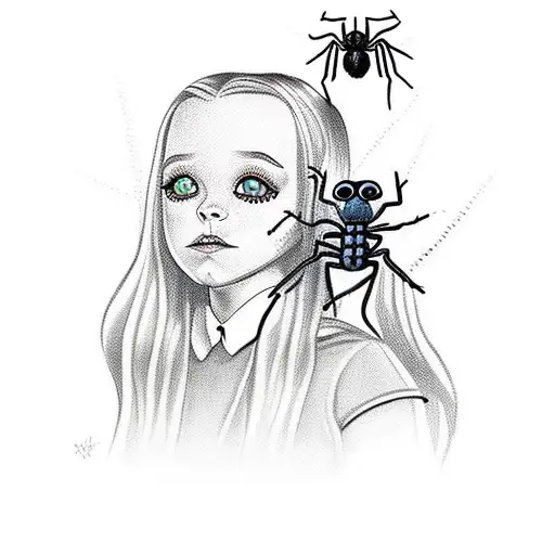 A New-school Design Of Wednesday Addams Playing With Her Pet Spider