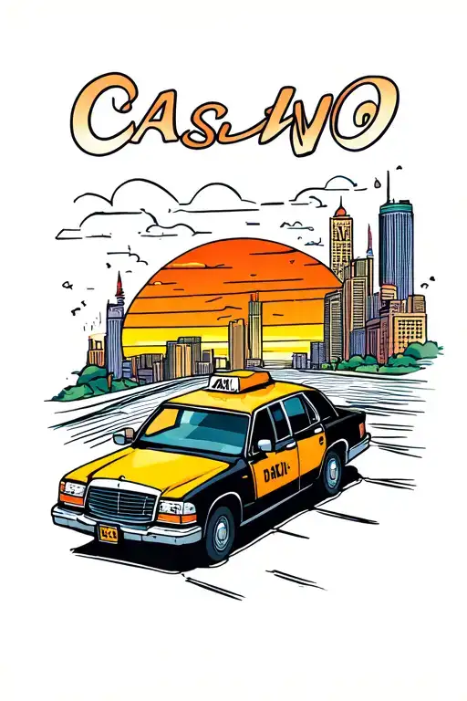 Black Taxi With The Yellow Roof And Orange Patent In A Sunset With A Casino From Afar