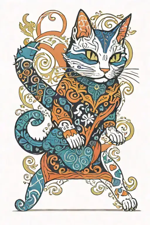 Tricolor Cat Lies On Turkish Carpet