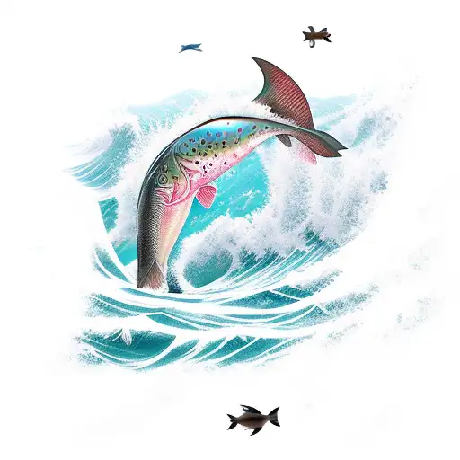 A Telephone Pole Surrounded By Ocean Waves And Trouts Jumping Out