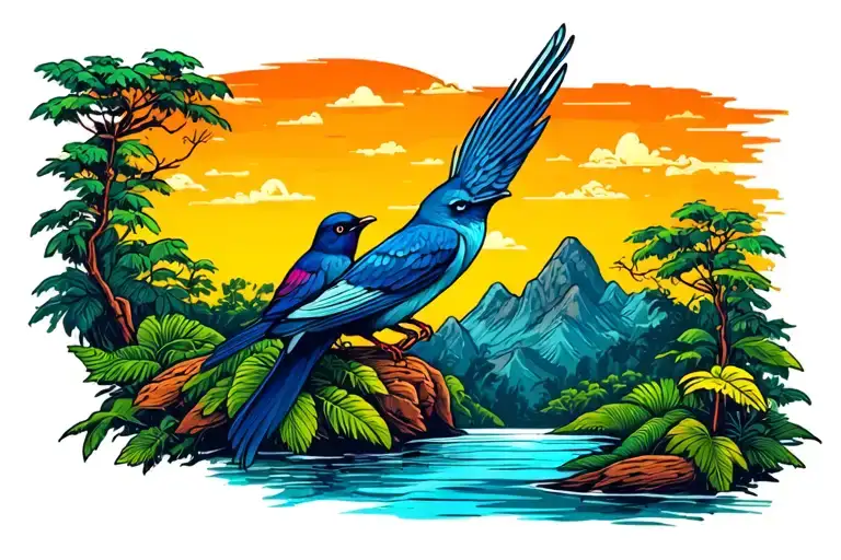 Jungle Mountain Sunset Birds