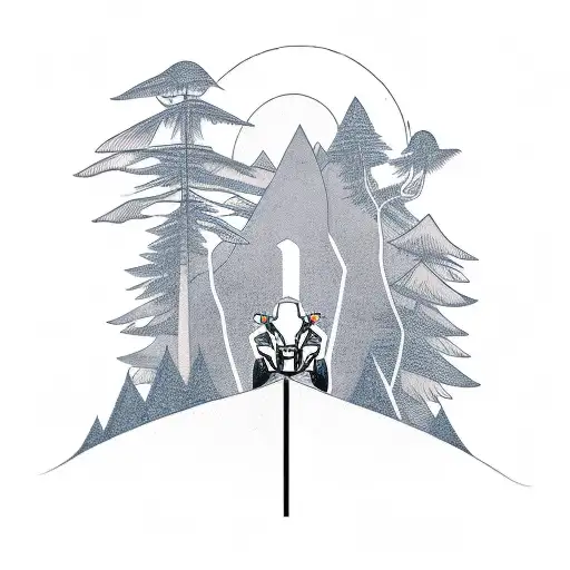A Minimalist Tattoo Of A Motorcycle Riding Through A Mountain Range