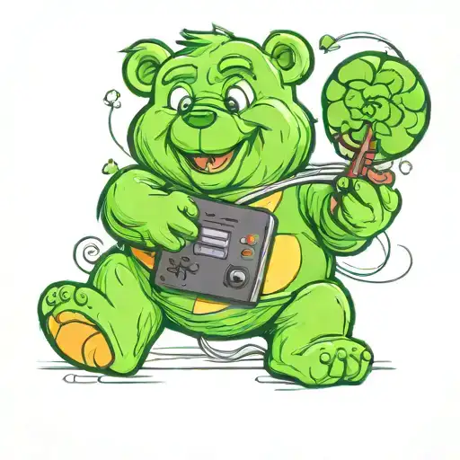 Green Care Bear With Four Leaf Clover Symbol On Belly Plays Video Games