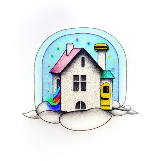 A Small House With A Open Door And A Rainbow