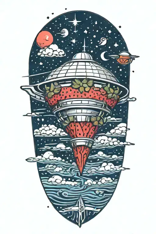 A Strawberry Shaped Like A Spaceship Flying Over The Ocean