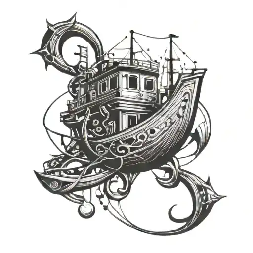 An Intricate Geometric Pattern Incorporating Fishing Hooks And Boat Silhouettes