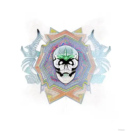 A Tattoo Design Of A Dinosaur Skeleton With Intricate Geometric Patterns