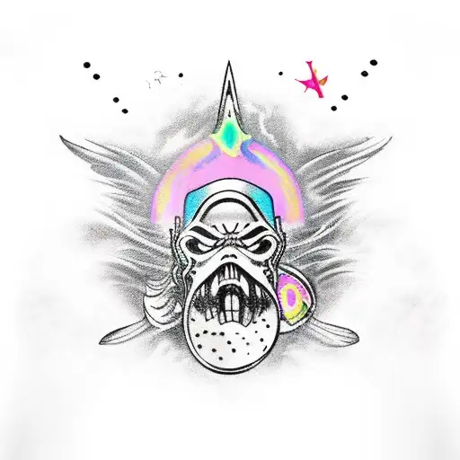 A New-school Tattoo Of A Woman Warrior From Warhammer 40K Riding A Surfboard On A Radioactive Wave