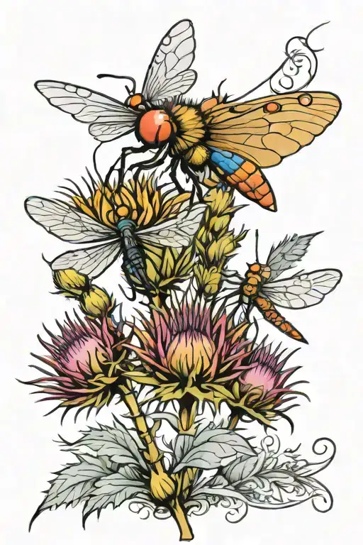 Scottish Thistle And Dragonfly Hovering