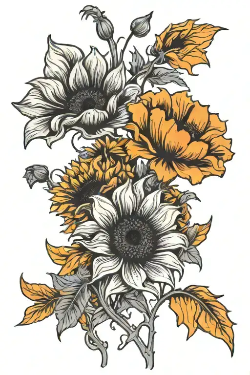 Orange Poppy And Sunflower Blooming