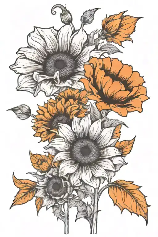 Orange Poppy And Sunflower Blooming