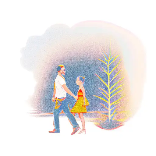 Father And Daughter Walking Into Sunset