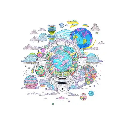 A Whimsical Cartoon Planet With Intricate Line Work And Vibrant Colors