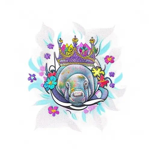 Colourful Tattoo Manatee Floating With Flowers Wearing A Crown
