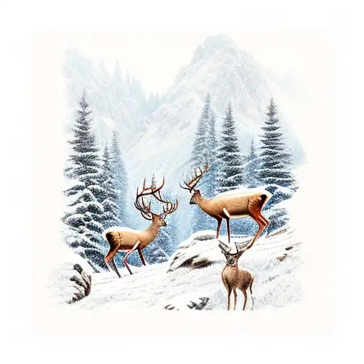 Mountain With Deer And Chamoise And Hunting Rifle And A Lotnof Trees