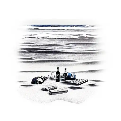 A Beach Scene With A Whiskey Bottle Washed Ashore