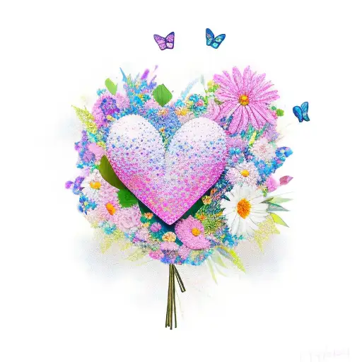 A Vibrant And Whimsical Love Heart Surrounded By A Bouquet Of Flowers And Butterflies