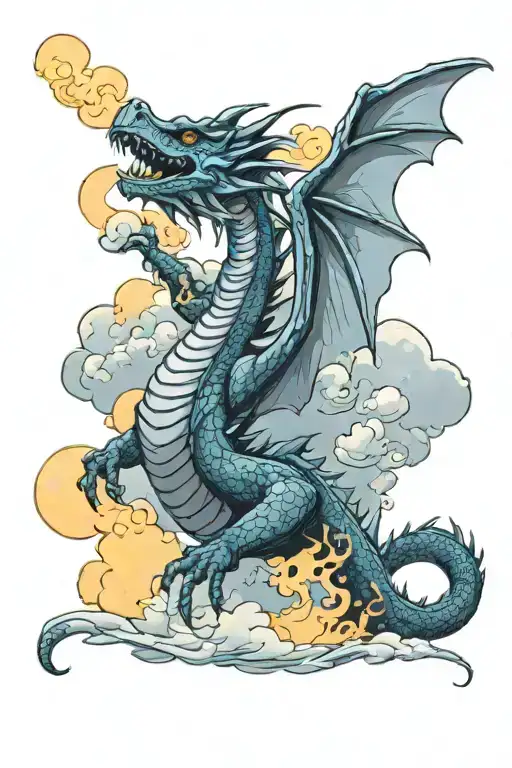 A Dragon Flying From The Sea Through The Clouds To The Sun