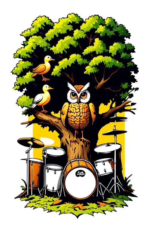 An Owl And Duck In A Tree With A Drum Kit Under The Tree A Brain Carved Into The Trunk Of The Tree