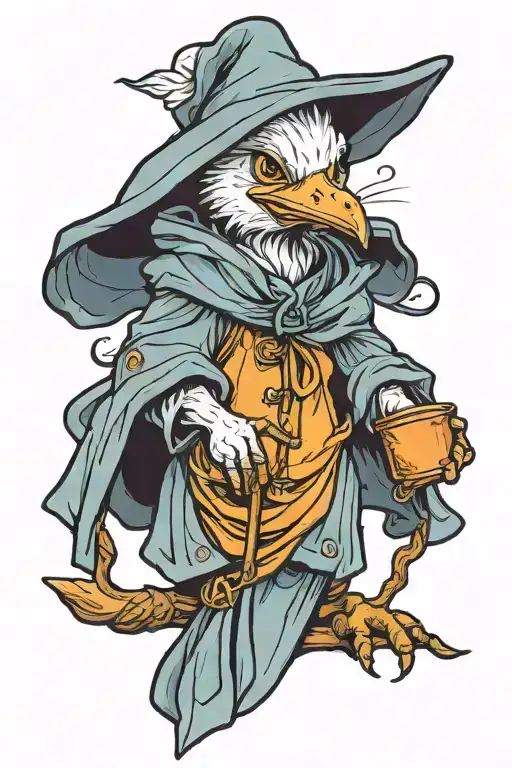 New School Tattoo Female Goose With Brown Eyes Wearing A Lord Of The Rings Wizard Robe