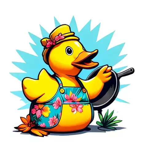 Rubber Duck With Hawaiian Print Apron And Cast Iron Skillet