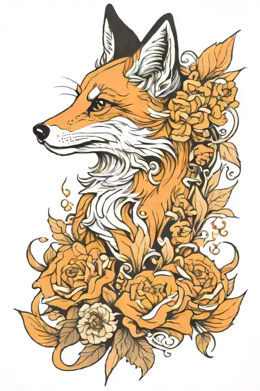 Design A Fox-colored Fox Tattoo Model With Flower And Fire Details For The Shoulder Area Realistic