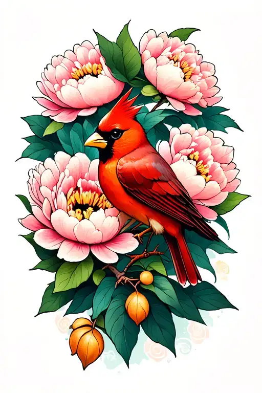 Peony And Cardinal Bird