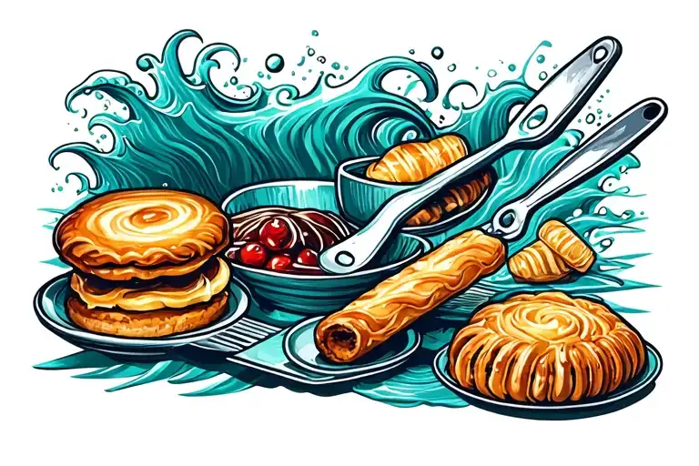 Teal Ocean Waves Background Of The Collage Of Pastry Tools And Pastries