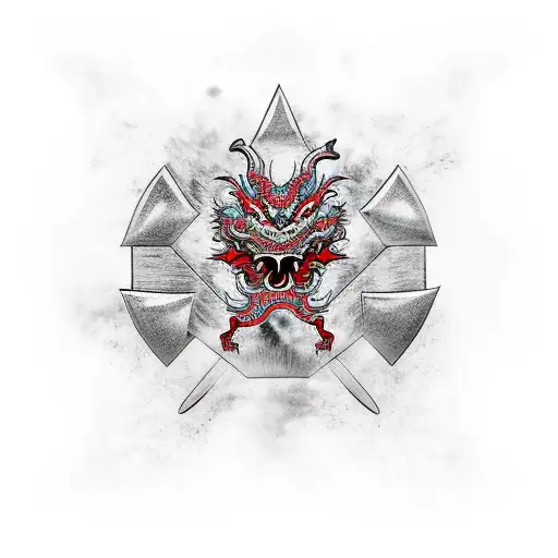 Chinese Dragon In Shuriken And Man Skull