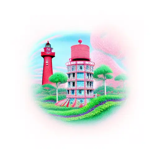 A Surreal Garden With A Vibrant Red Lighthouse Amidst Pink Wire Robes