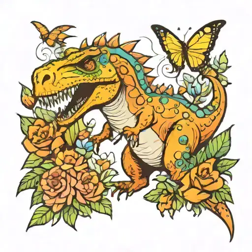 Dinosaur Wrapped In Flowers With Butterflys Flying