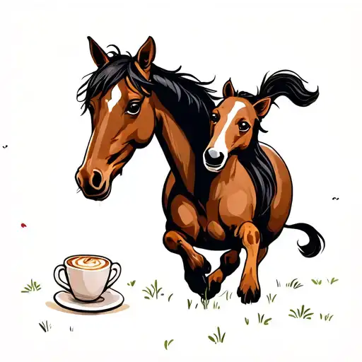 A Playful Dog And Horse Playing Together In A Field Of Chai Latte Cups