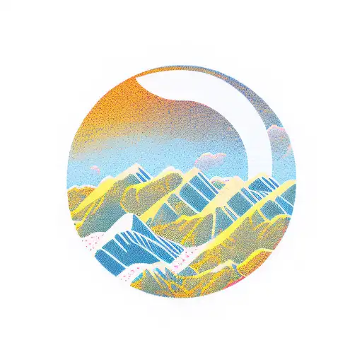 Mountains With Sun And Water In A Circular Shape