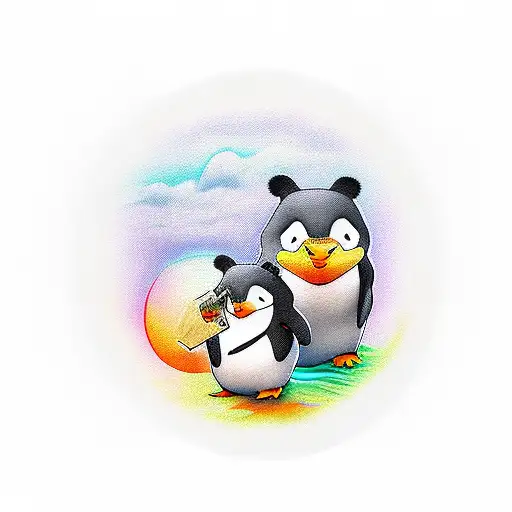 Panda With Penguin And Sunset
