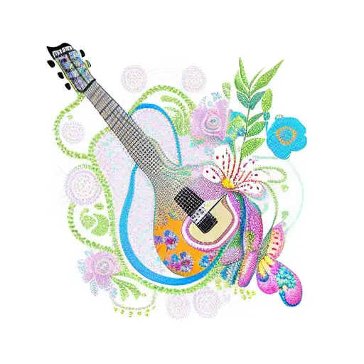 A Guitar With Braided Strings Surrounded By Flowers And Butterflies