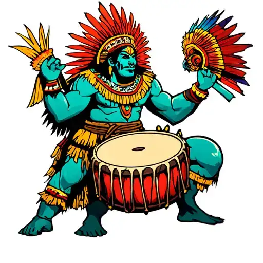 An Aztec God Playing A Drum With Horror Movie Elements