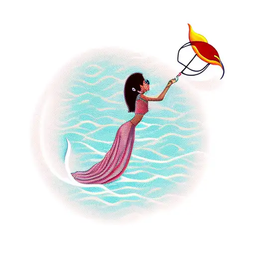 Girl Sitting On Crescent Moon Holding Fish Hook Attached To Saturn