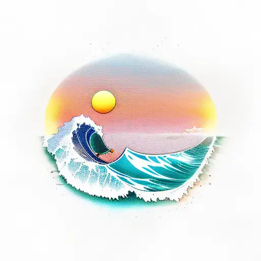 A Majestic Wave Crashing Against A Surfboard With A Sun Setting In The Background