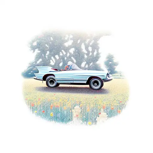 A Vintage Car Driving Through A Field Of Ancient Statues