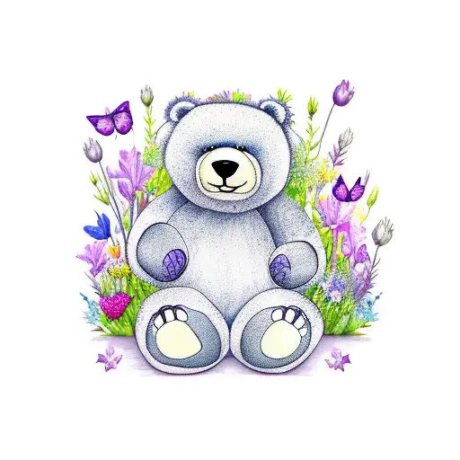 1 Cuddly Bear Sitting In A Field Of Wildflowers Holding A Purple Lily With Butterflies