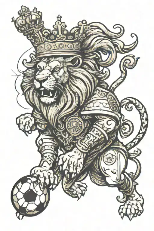 Old English Lion Wearing A Crown With A Soccer Ball