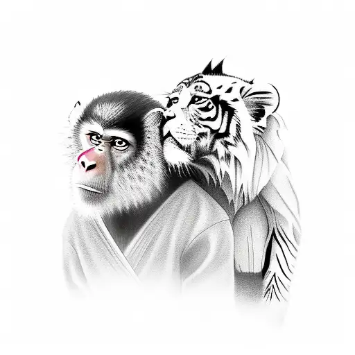 Anime-style Portrait Of A Monkey And Tiger Playing Together