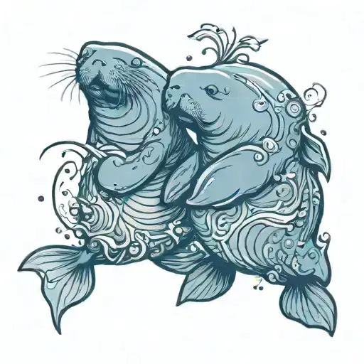 Manatee And Sea Otter Holding Flippers