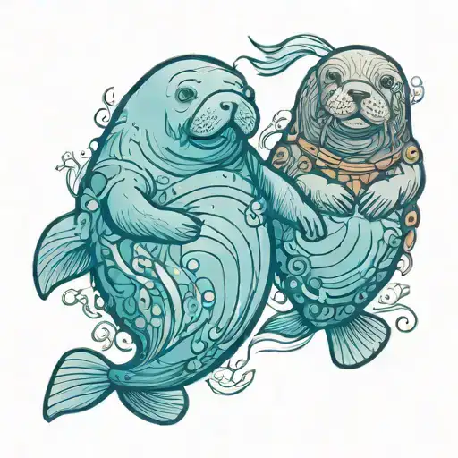 Manatee And Sea Otter Holding Flippers